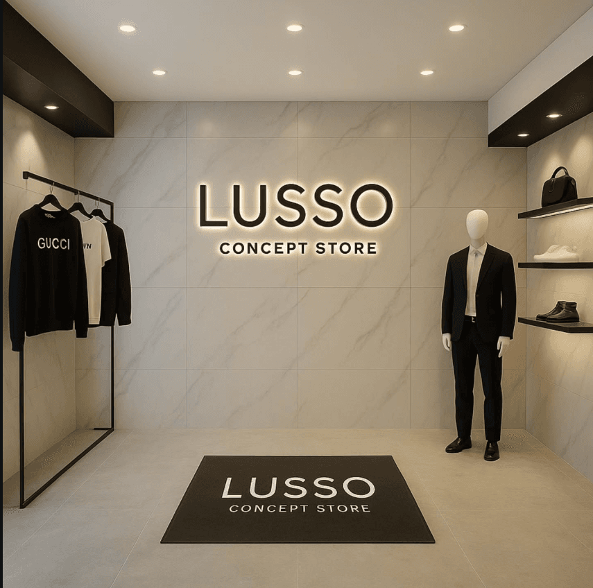 Interno di Lusso Concept Store con pareti in marmo chiaro, arredi neri e insegna luminosa