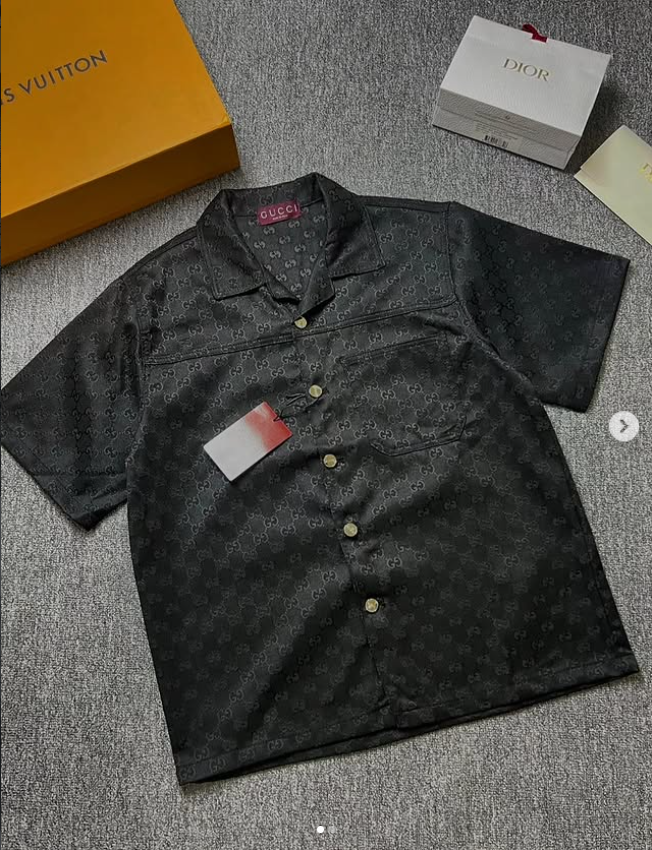 Camicia bowling Gucci in seta jacquard GG nera